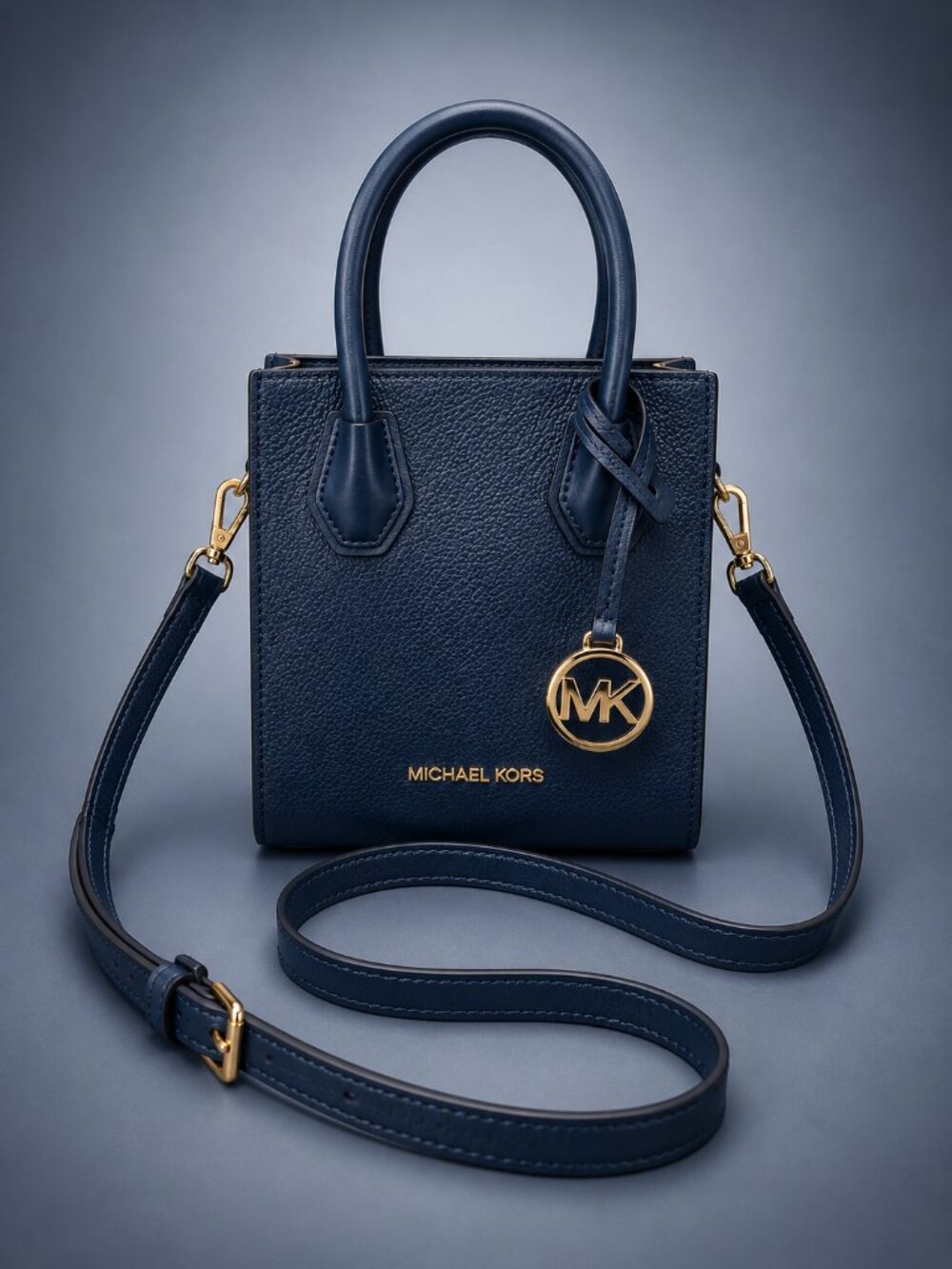 MICHAEL KORS Navy Pebbled Leather Mini Crossbody Satchel Tote Bag Gold Hardware